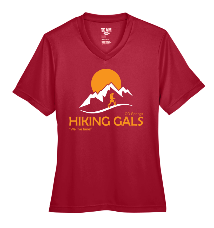 Red t-shirt with 'Hiking Gals' graphic design