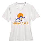 White t-shirt with 'Hiking Gals' graphic design featuring mountains and a sun