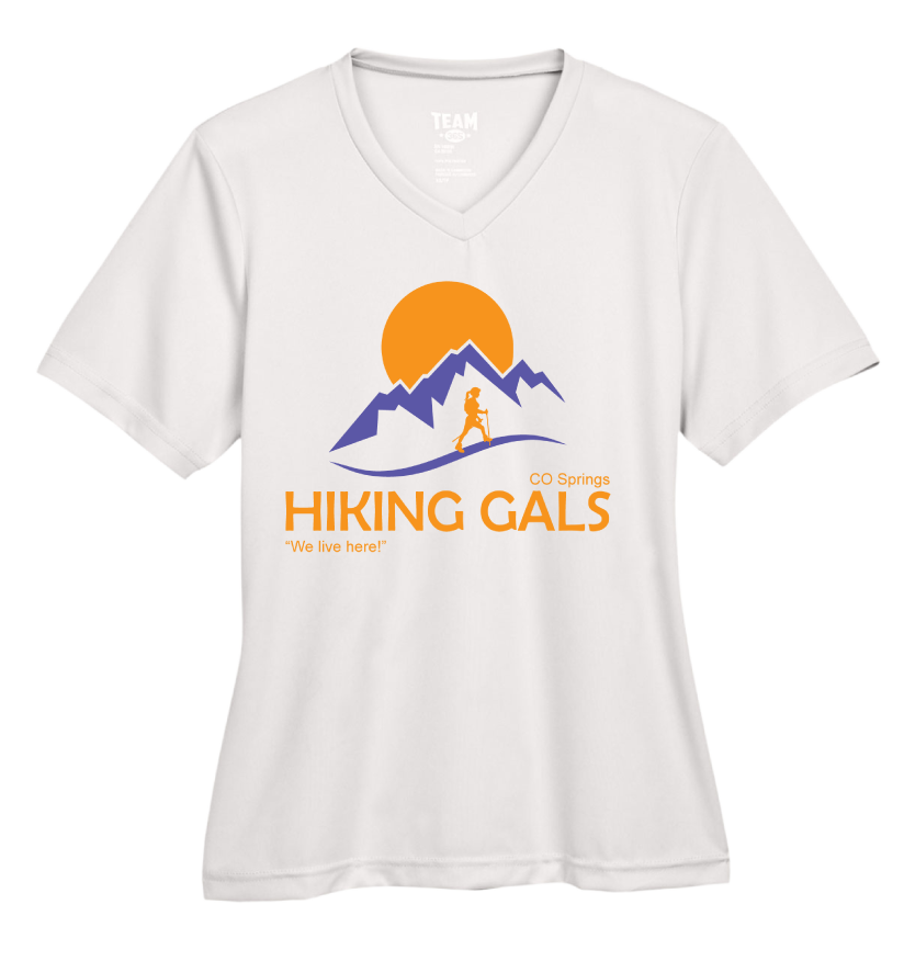 White t-shirt with 'Hiking Gals' graphic design featuring mountains and a sun