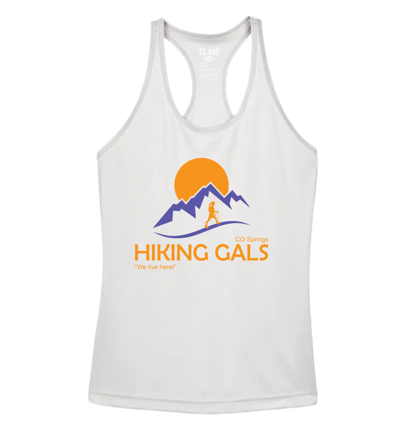 White tank top with 'Hiking Gals' logo
