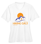 White t-shirt with 'Hiking Gals' logo featuring mountains and a sun