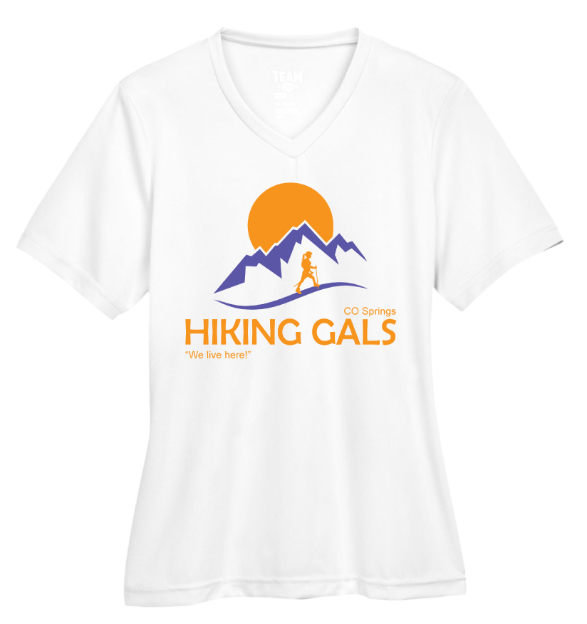 White t-shirt with 'Hiking Gals' logo featuring mountains and a sun
