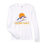 White long-sleeve shirt with 'Hiking Gals' logo featuring mountains and a sun
