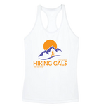 White tank top with 'Hiking Gals' logo featuring mountains and a sun