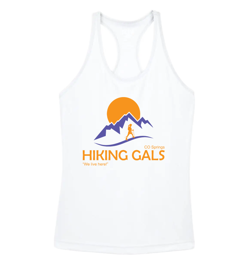 White tank top with 'Hiking Gals' logo featuring mountains and a sun