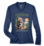 Navy blue long-sleeve shirt with a hiking graphic and text