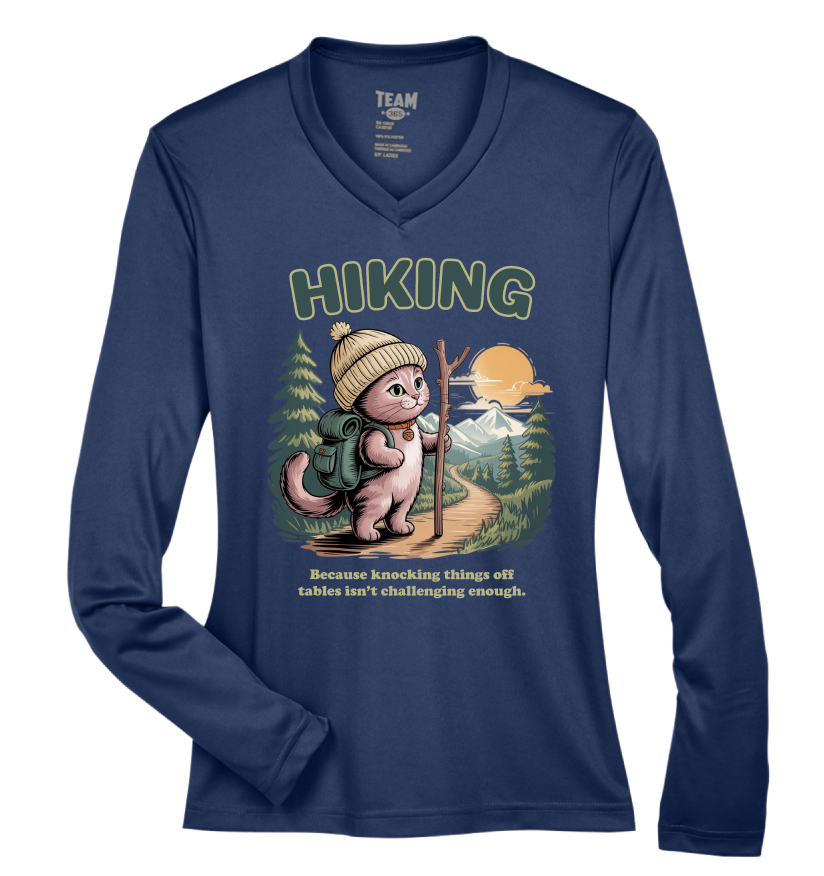Navy blue long-sleeve shirt with a hiking graphic and text