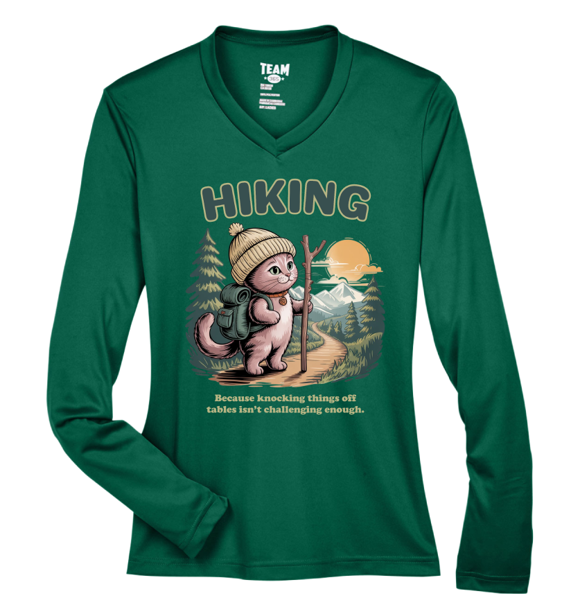 Green long-sleeve shirt with a cartoon hiking design