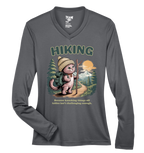 Gray long-sleeve shirt with a cartoon cat hiking design
