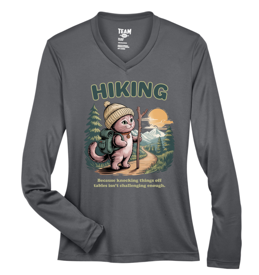 Gray long-sleeve shirt with a cartoon cat hiking design