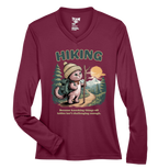Maroon long-sleeve shirt with a hiking graphic and text
