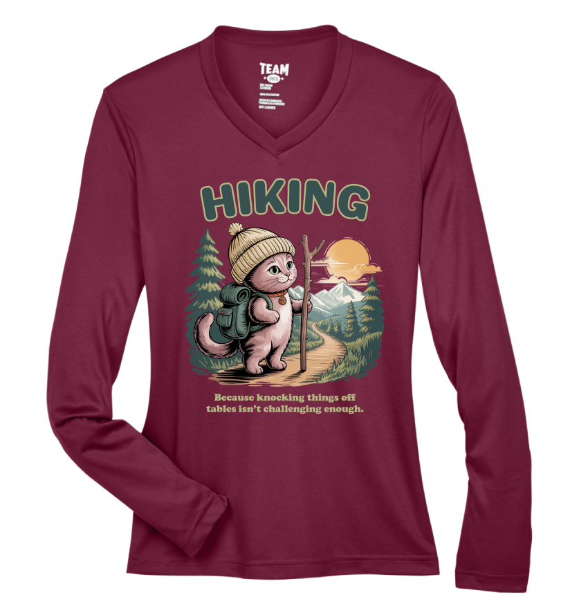 Maroon long-sleeve shirt with a hiking graphic and text
