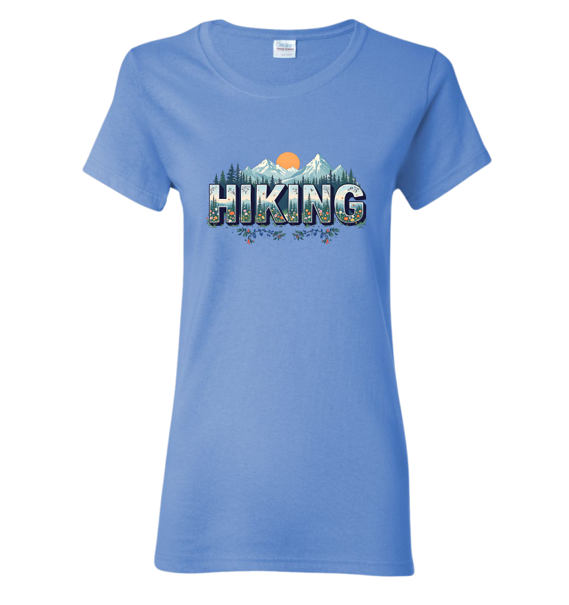 Blue t-shirt with 'Hiking' graphic design