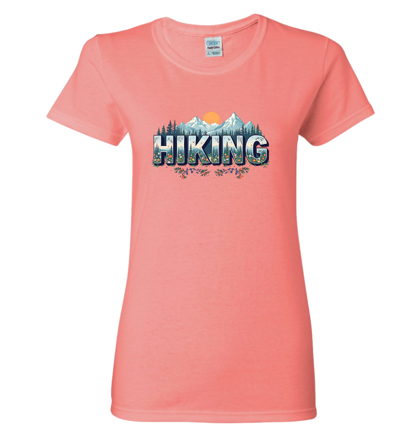 Coral t-shirt with 'Hiking' graphic design