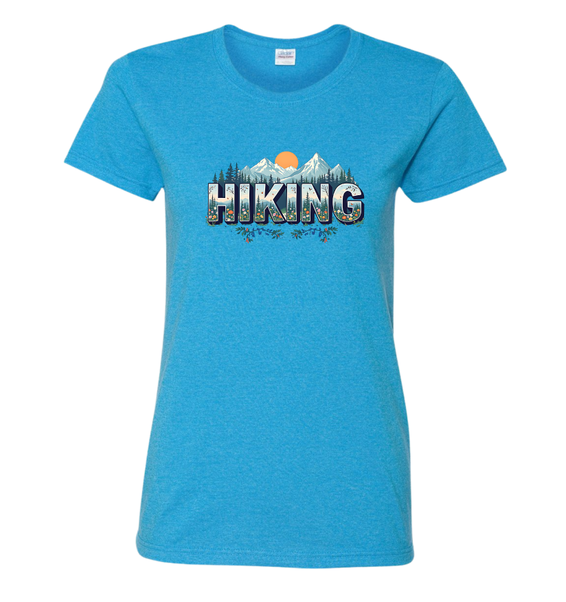 Blue t-shirt with 'Hiking' graphic design