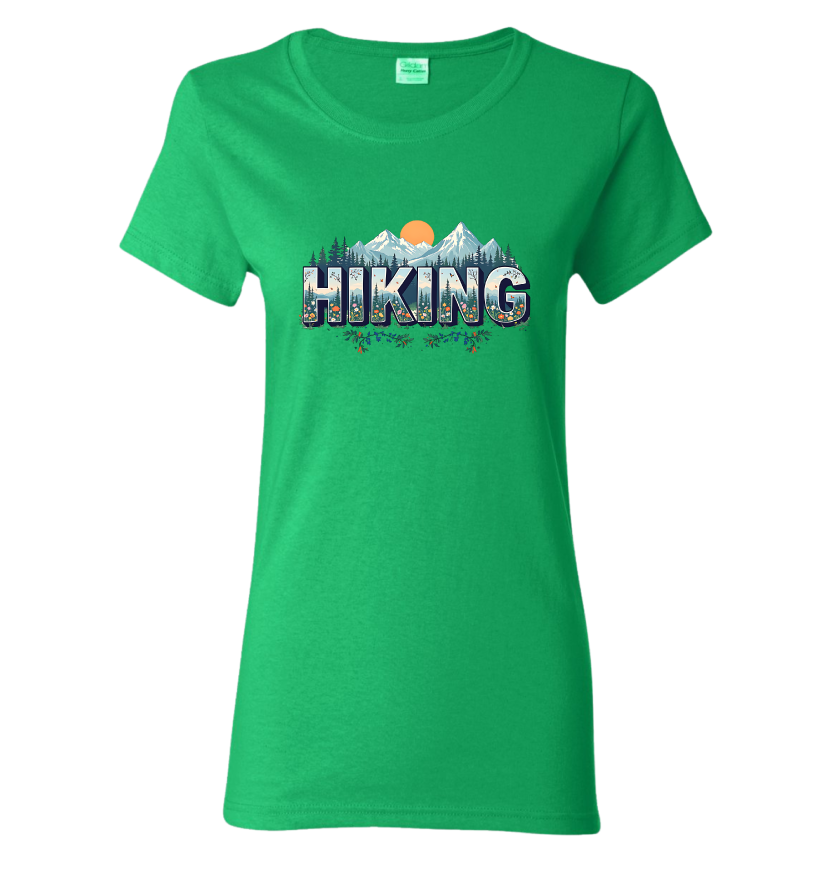 Green t-shirt with 'Hiking' graphic design