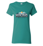 Teal t-shirt with 'Hiking' graphic design