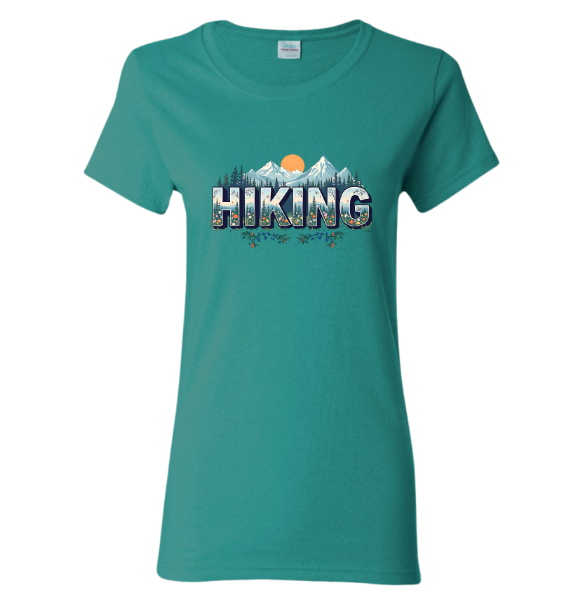 Teal t-shirt with 'Hiking' graphic design