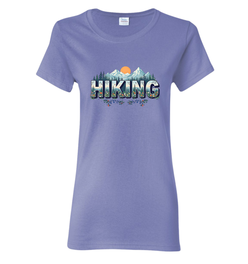 Purple t-shirt with 'Hiking' graphic design