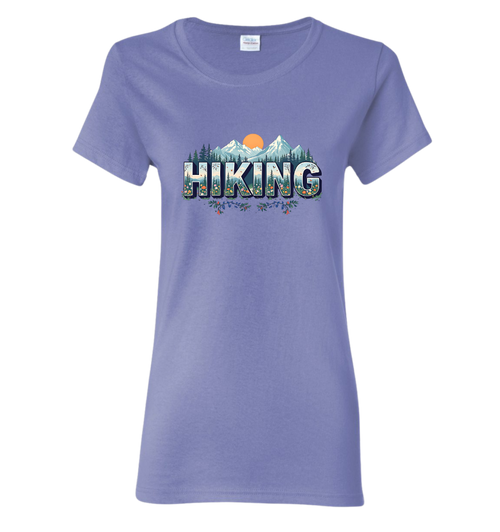 Purple t-shirt with 'Hiking' graphic design