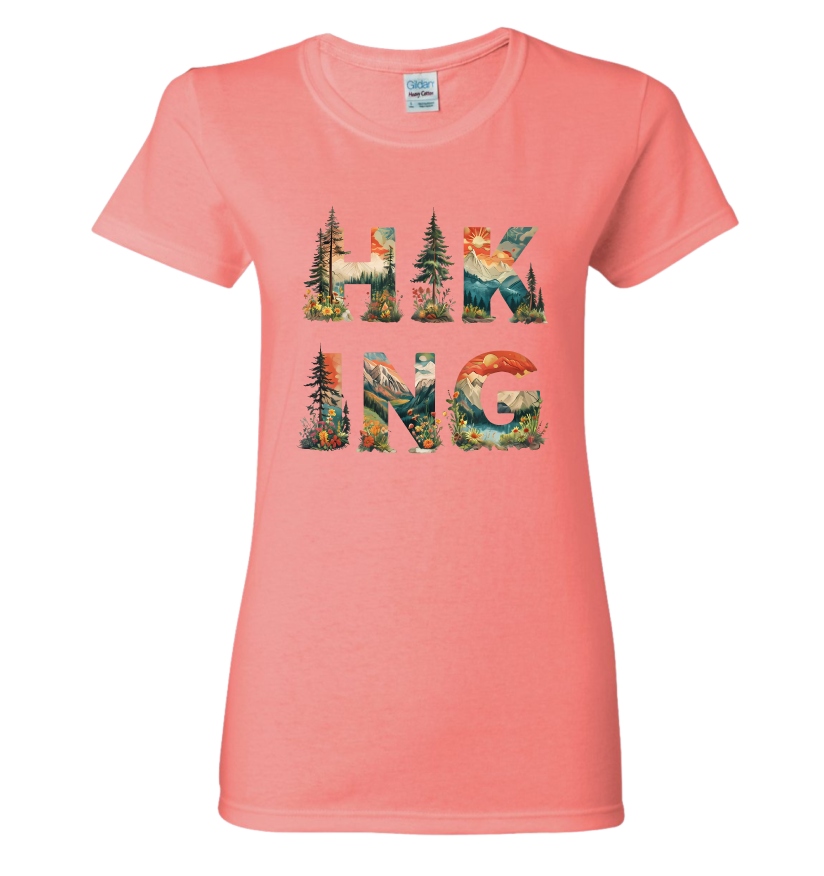 Coral t-shirt with 'Hiking' graphic design