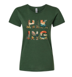 Green t-shirt with 'HIKING' graphic design