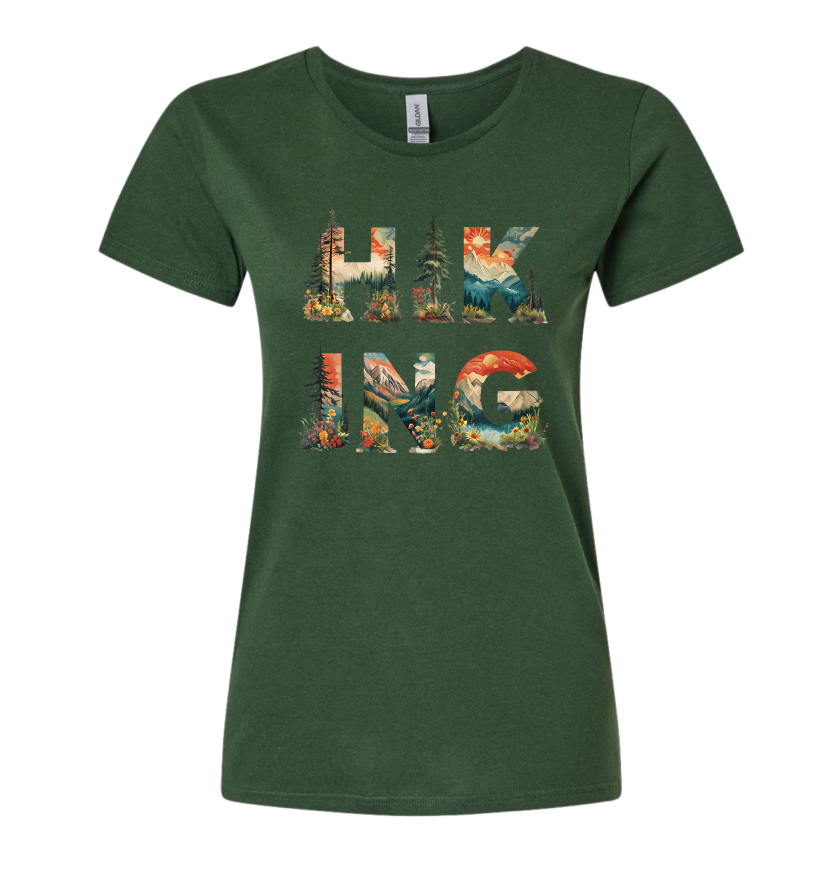 Green t-shirt with 'HIKING' graphic design