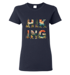 Navy blue t-shirt with 'HIKING' graphic design featuring nature scenes 