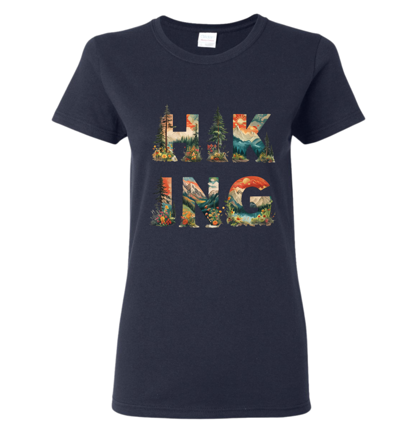 Navy blue t-shirt with 'HIKING' graphic design featuring nature scenes 