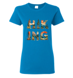 Blue t-shirt with 'HIKING' graphic design featuring nature scenes 