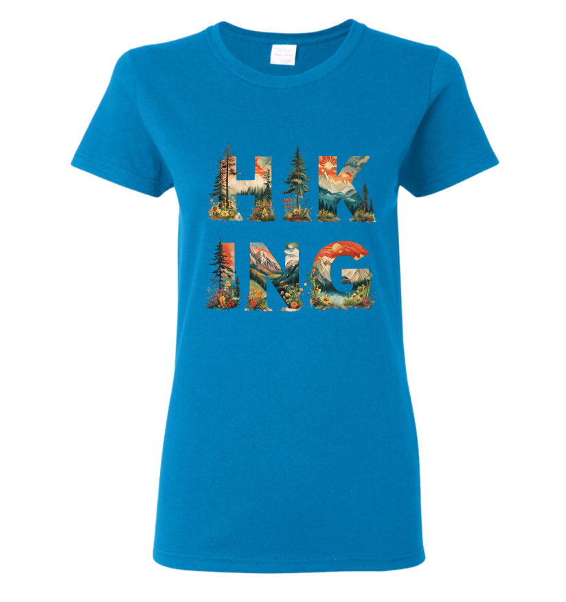 Blue t-shirt with 'HIKING' graphic design featuring nature scenes 