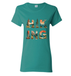 Teal t-shirt with 'HIKING' graphic design featuring nature scenes 