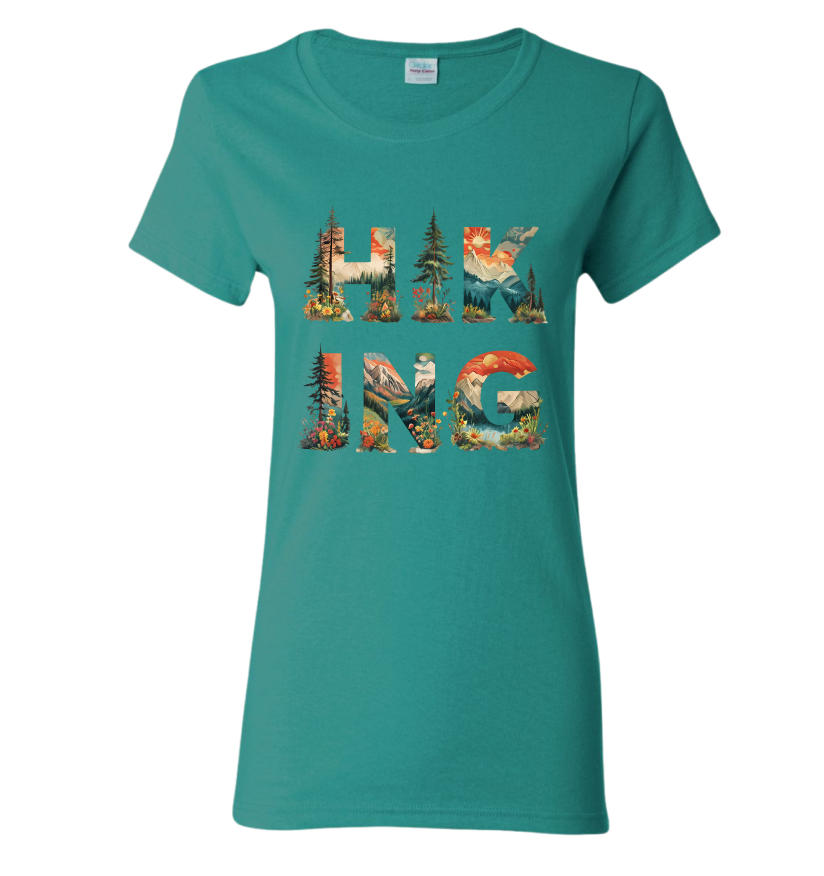 Teal t-shirt with 'HIKING' graphic design featuring nature scenes 