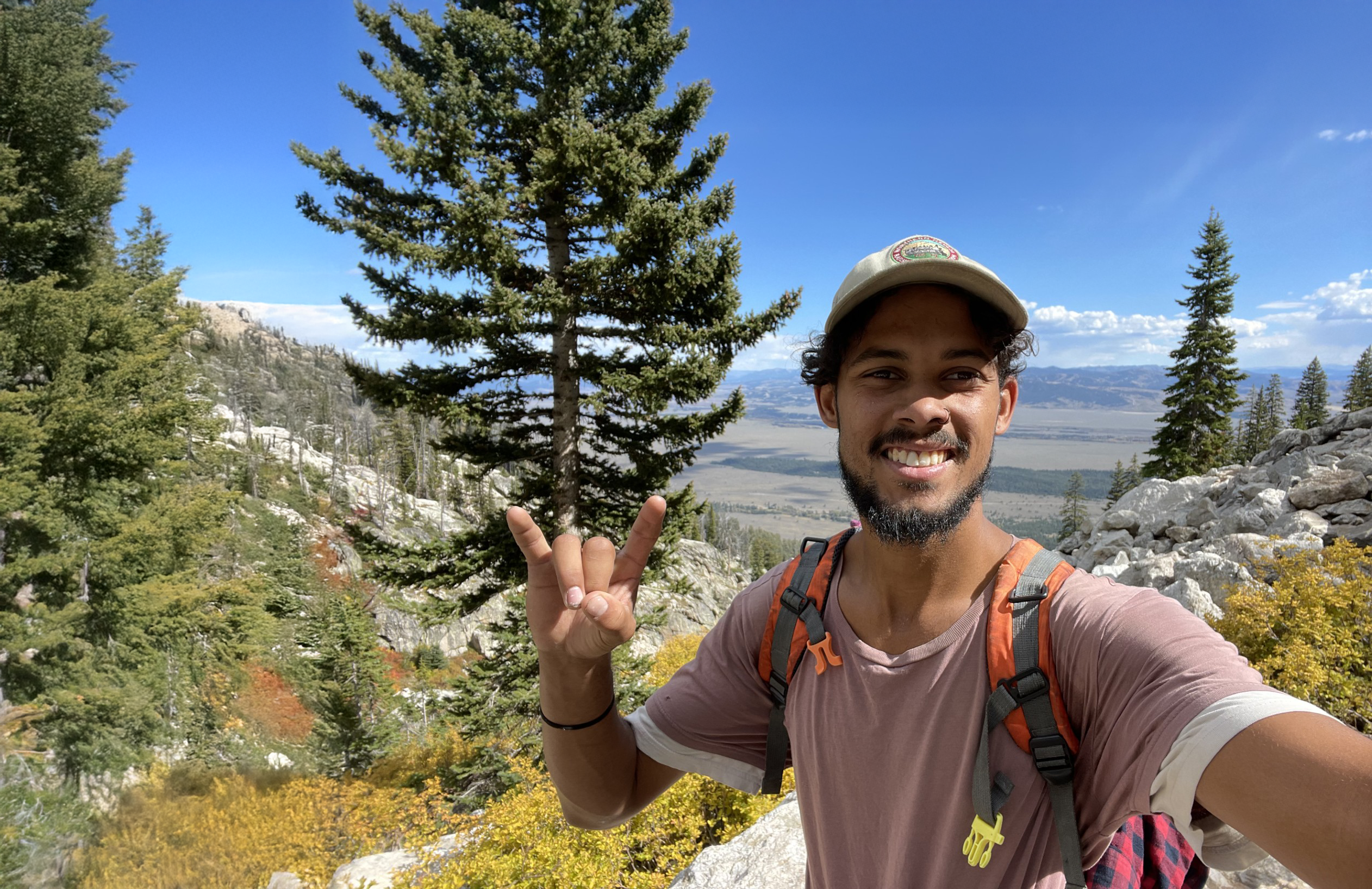 Otis with a backpack on a mountain top with trees and clear sky