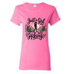 Pink t-shirt with 'Just a Girl Who Loves Hiking' design