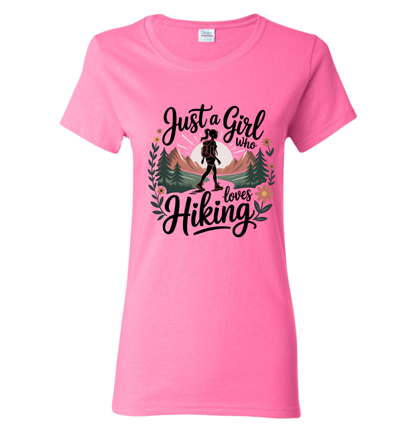 Pink t-shirt with 'Just a Girl Who Loves Hiking' design
