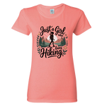 Coral t-shirt with 'Just a Girl Who Loves Hiking' design