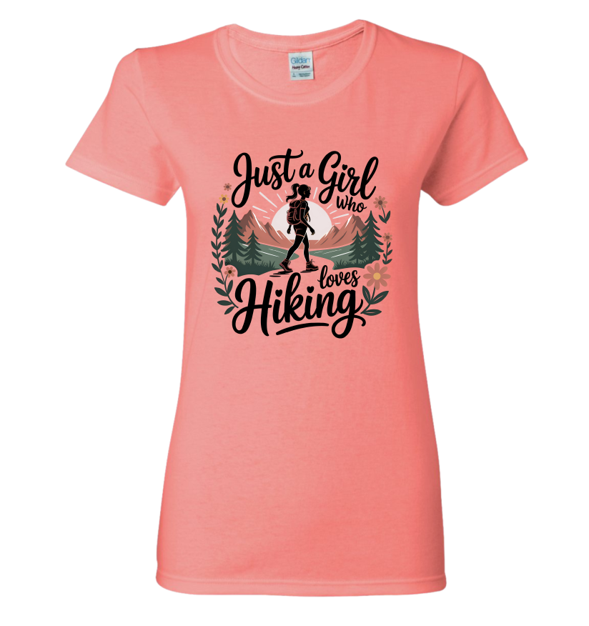 Coral t-shirt with 'Just a Girl Who Loves Hiking' design