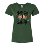 Green t-shirt with 'Just a Girl Who Loves Hiking' design