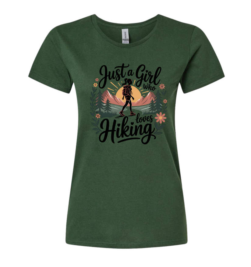 Green t-shirt with 'Just a Girl Who Loves Hiking' design
