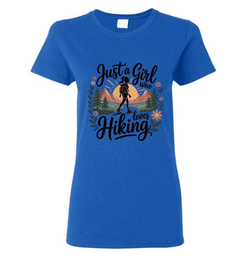 Blue t-shirt with 'Just a Girl Who Loves Hiking' design