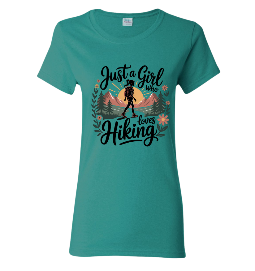 Teal t-shirt with 'Just a Girl Who Loves Hiking' design