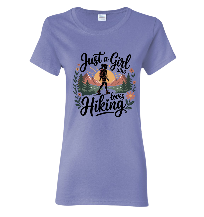 Purple t-shirt with 'Just a Girl Who Loves Hiking' design