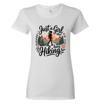 White t-shirt with 'Just a Girl Who Loves Hiking' design