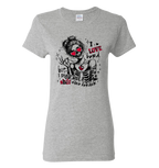 Grey  t-shirt with a graphic design featuring a valentine skeleton