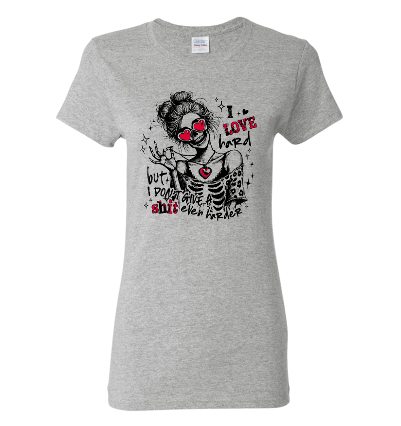 Grey  t-shirt with a graphic design featuring a valentine skeleton