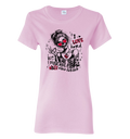 Pink t-shirt with a graphic design featuring a valentine skeleton