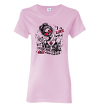 Pink t-shirt with a graphic design featuring a valentine skeleton