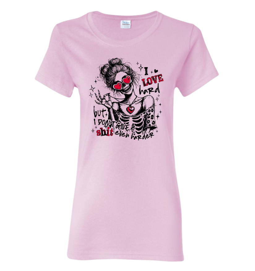 Pink t-shirt with a graphic design featuring a valentine skeleton