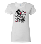 White  t-shirt with a graphic design featuring a valentine skeleton